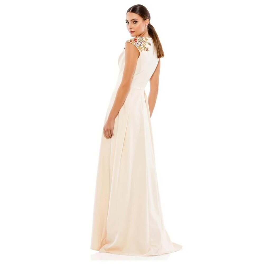 NWT Mac Duggal Beaded Cap Sleeve V Neck A Line Gown Vanilla 0 - Picture 4 of 8